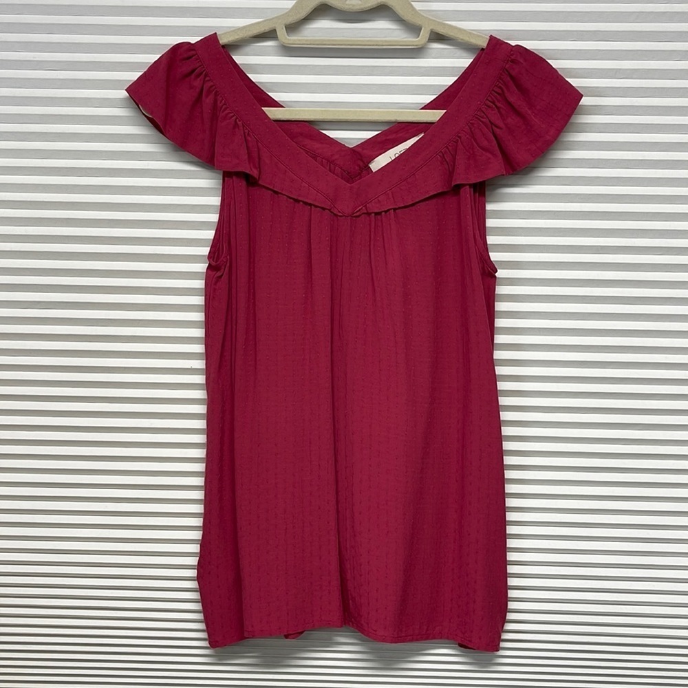 LOFT NWT Raspberry Swiss Dot Double V Ruffle Sleeveless Blouse XS